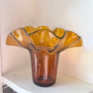 Vintage Ruffled Amber Blown Glass Vase